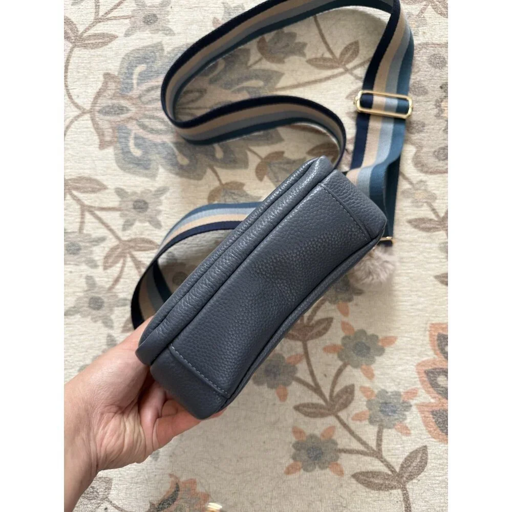Pom Pom London Original Leather Crossbody Bag In Slate Blue With 2 Straps Small